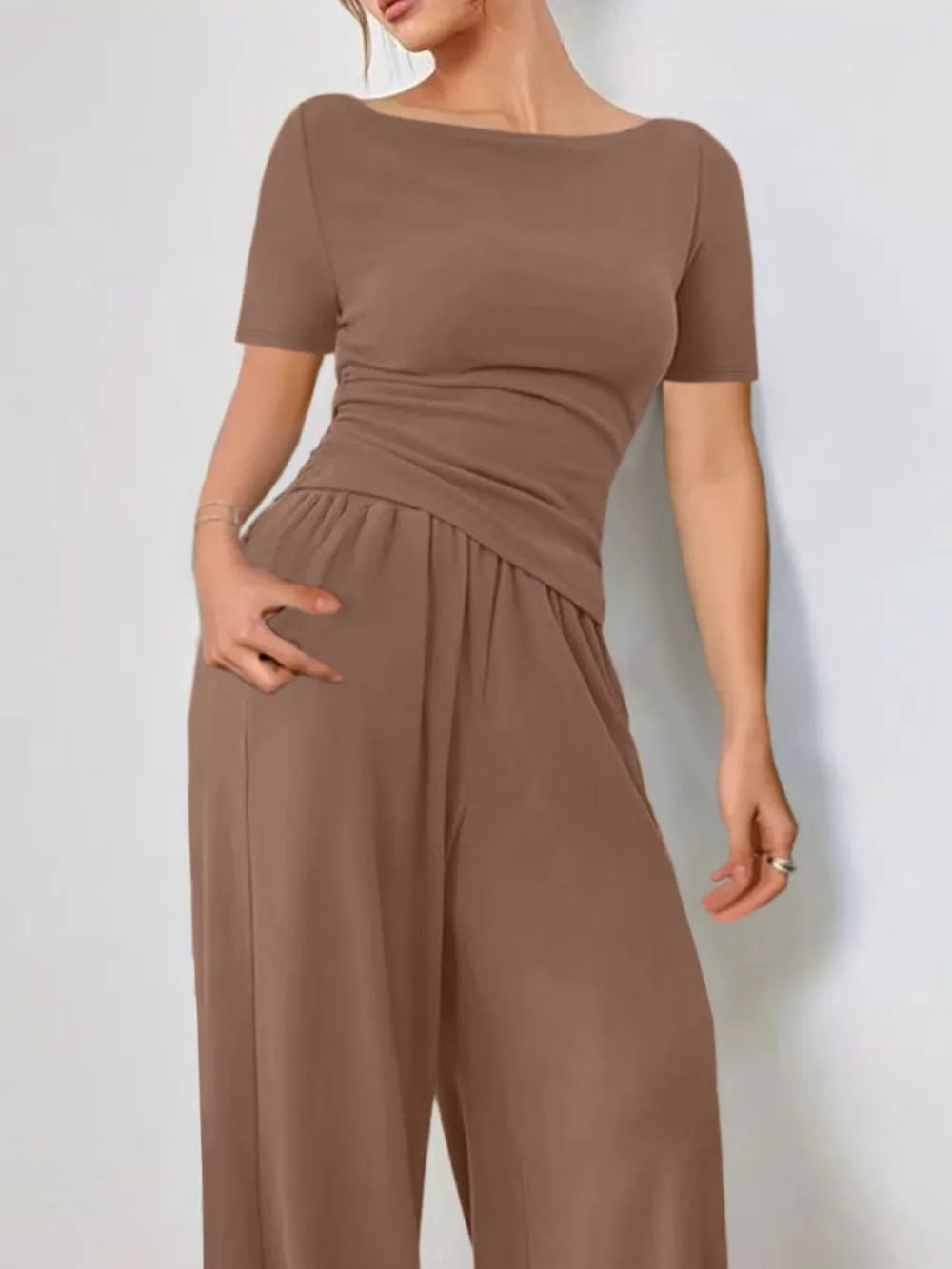 Round Neck Short Sleeve T-Shirt and Pants Set - Grace Beauty H&C 