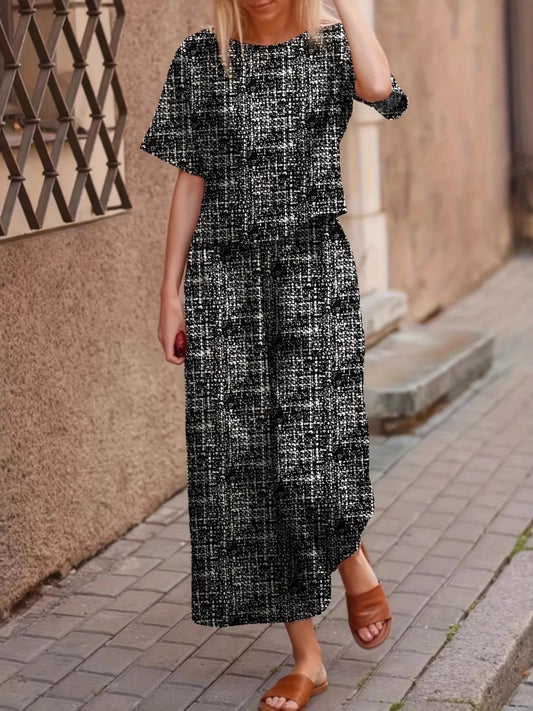 Round Neck Short Sleeve Top and Pants Set - Grace Beauty H&C 