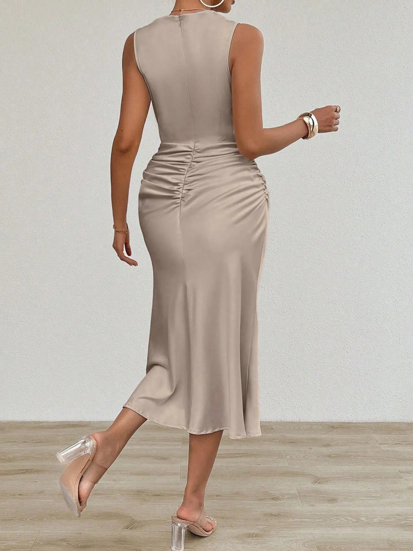 Ruched Round Neck Sleeveless Midi Dress - Grace Beauty H&C 