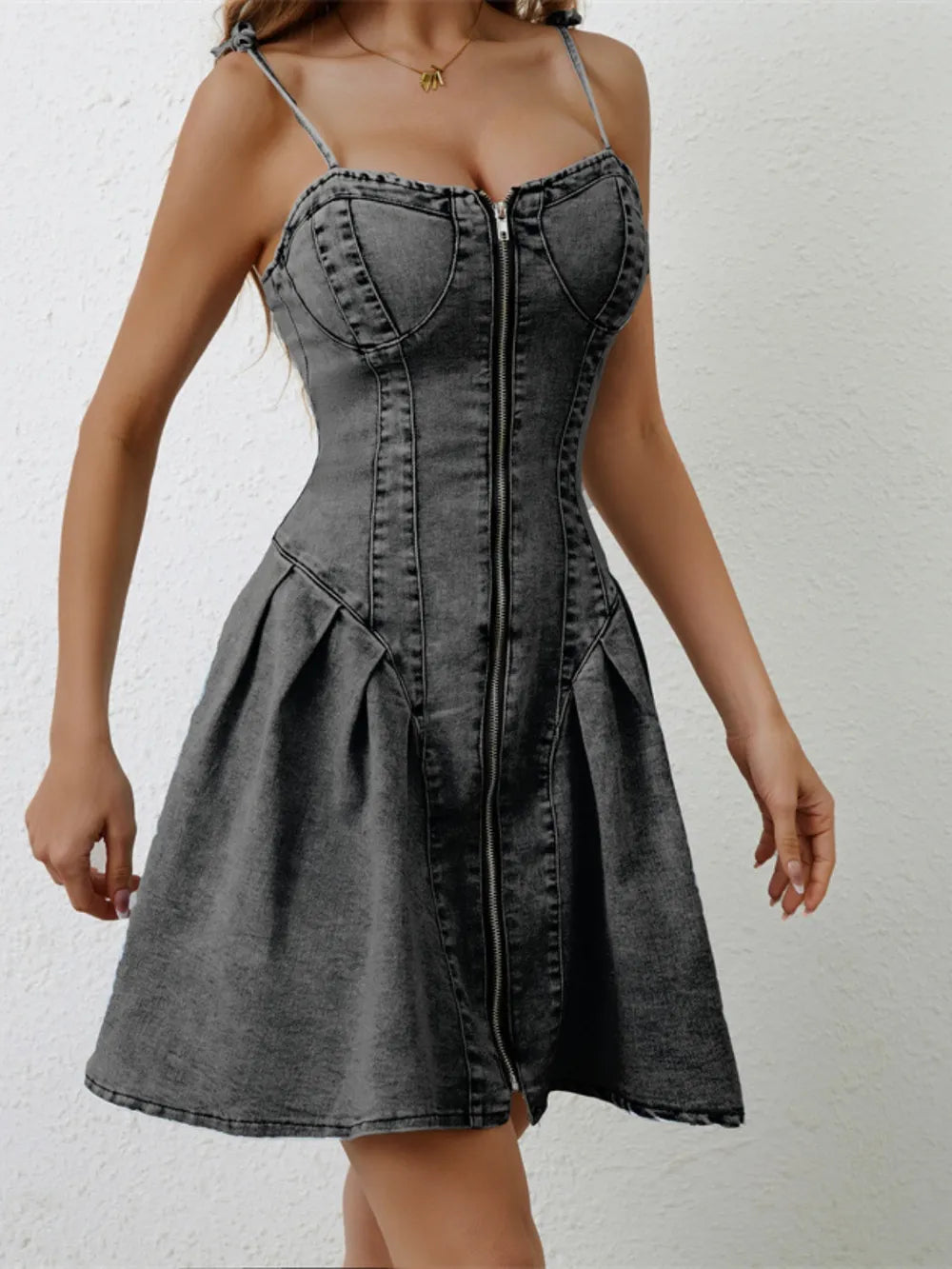 Ruched Zip Up Spaghetti Strap Denim Dress - Grace Beauty H&C 