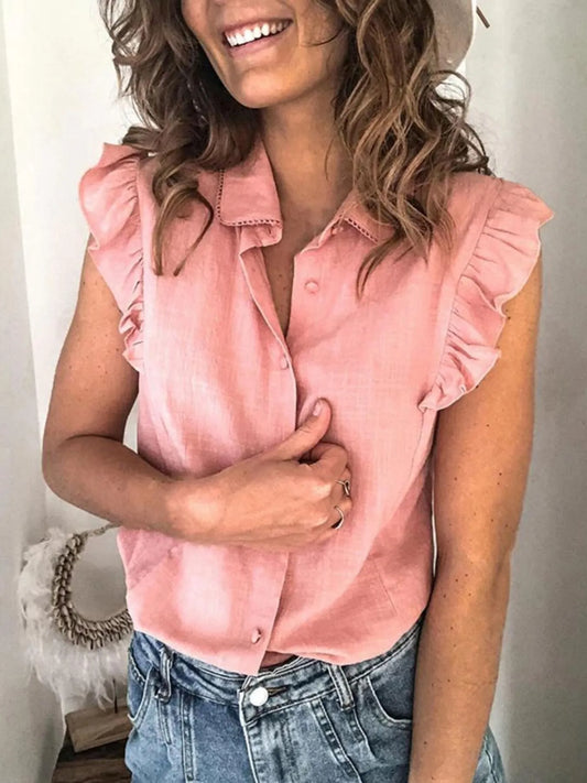 Ruffle Sleeve Button-Up Shirt - Grace Beauty H&C 