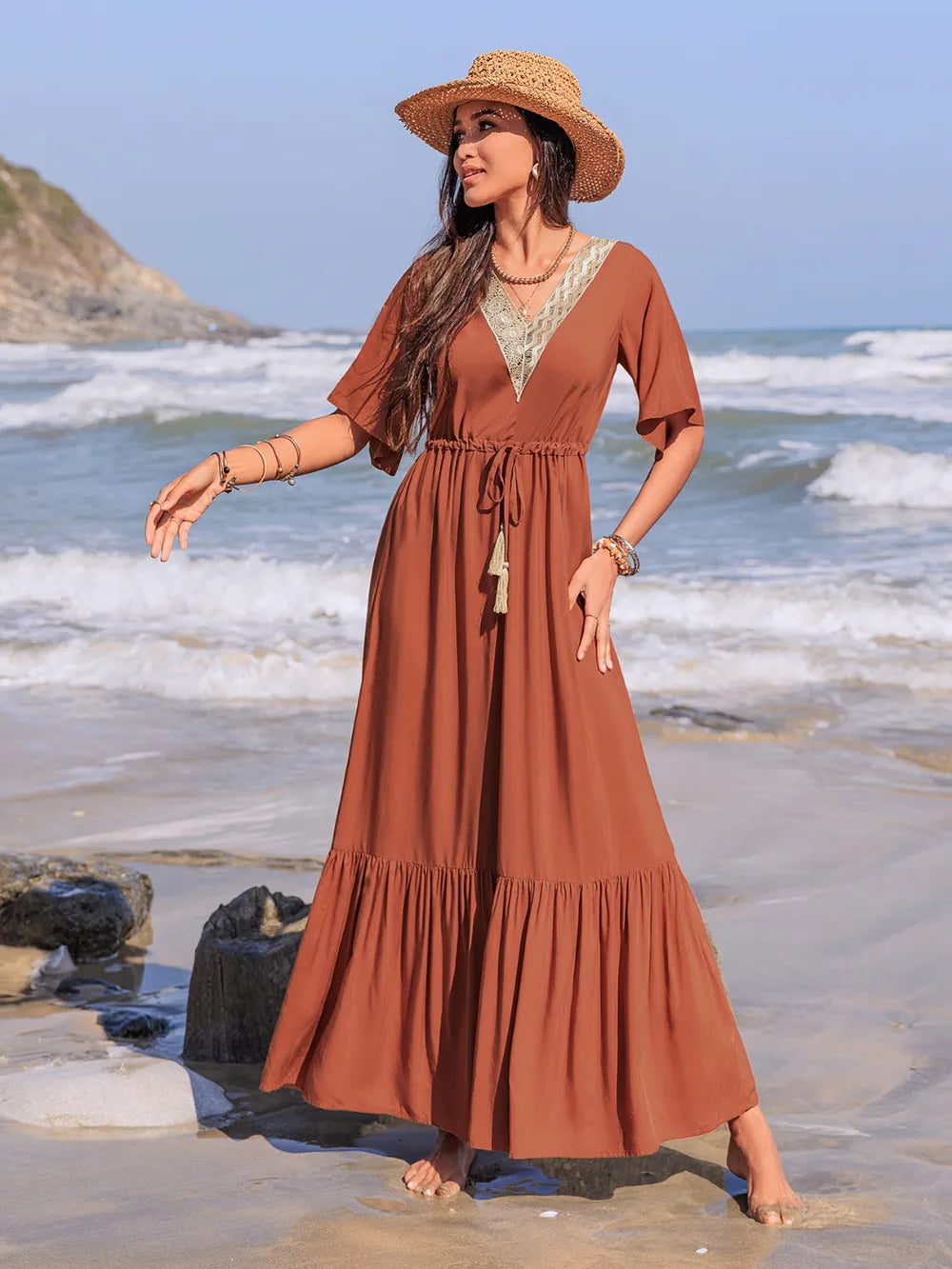 Ruffled Tassel V-Neck Flutter Sleeve Dress - Grace Beauty H&C 
