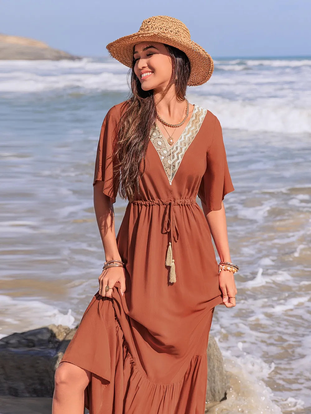 Ruffled Tassel V-Neck Flutter Sleeve Dress - Grace Beauty H&C 