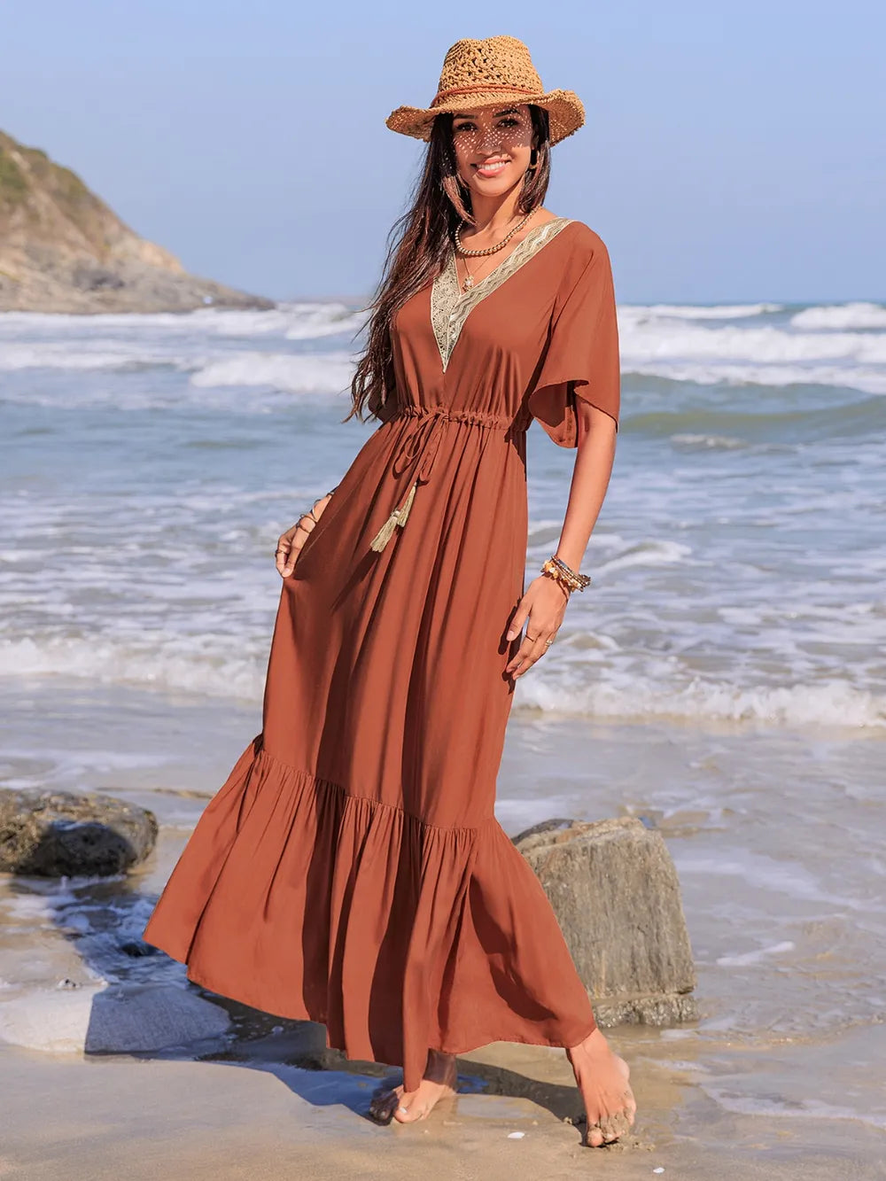 Ruffled Tassel V-Neck Flutter Sleeve Dress - Grace Beauty H&C 