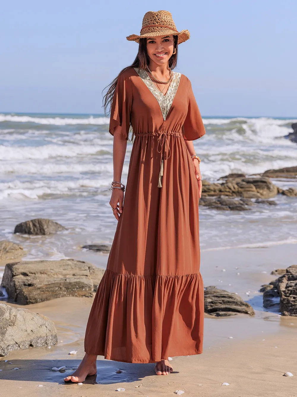 Ruffled Tassel V-Neck Flutter Sleeve Dress - Grace Beauty H&C 