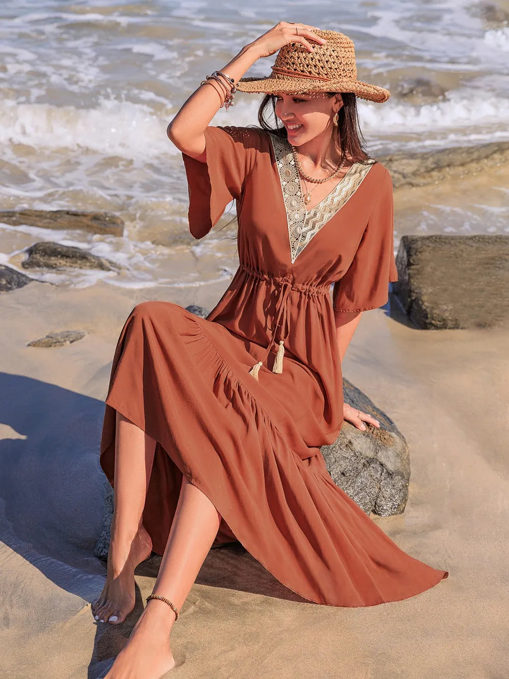 Ruffled Tassel V-Neck Flutter Sleeve Dress - Grace Beauty H&C 