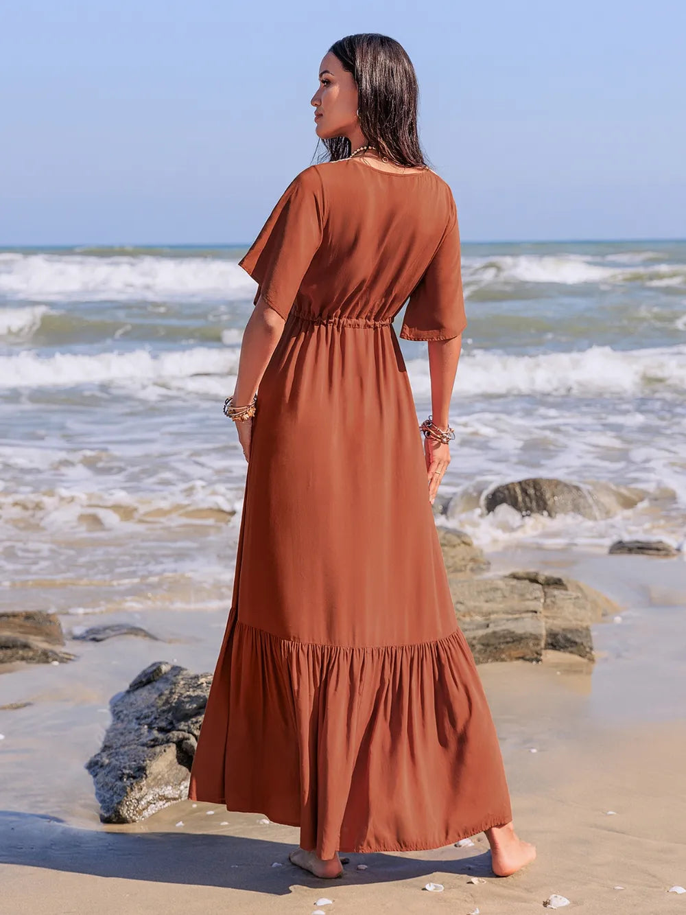 Ruffled Tassel V-Neck Flutter Sleeve Dress - Grace Beauty H&C 