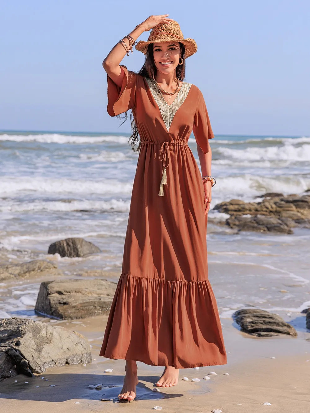 Ruffled Tassel V-Neck Flutter Sleeve Dress - Grace Beauty H&C 