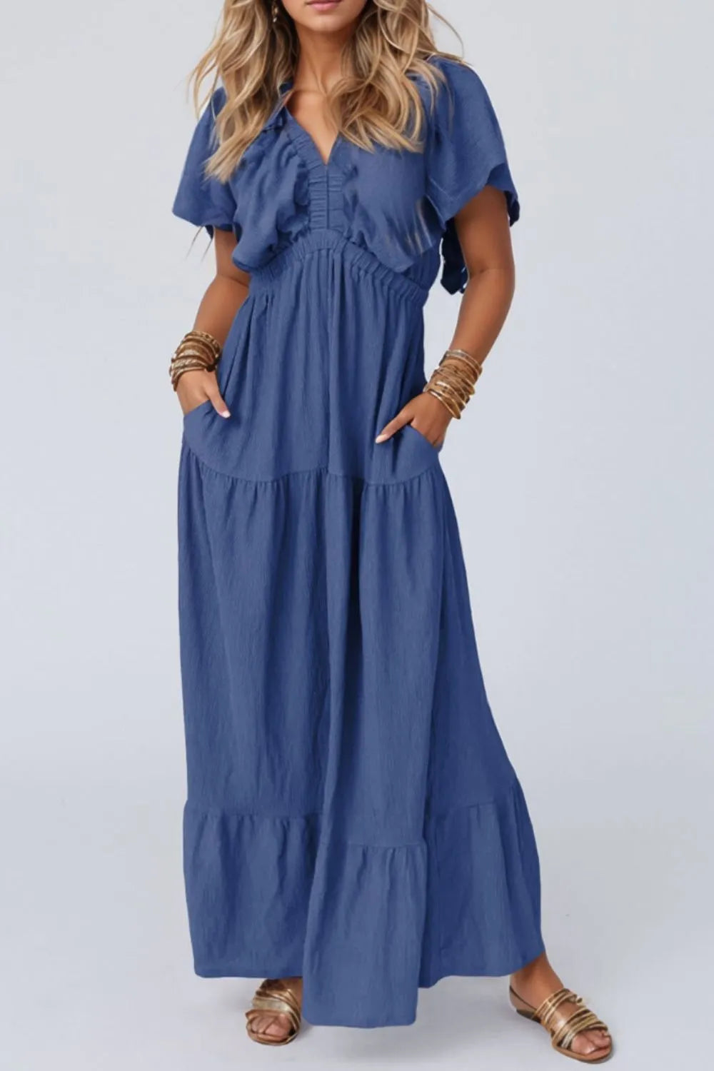 Ruffled V-Neck Short Sleeve Maxi Dress - Grace Beauty H&C 