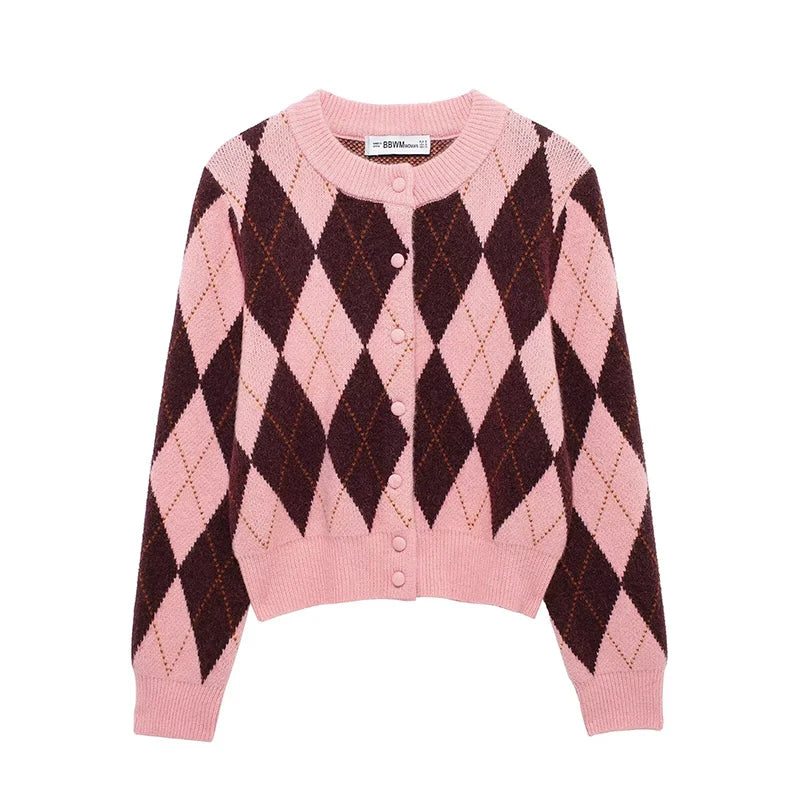 Women Fashion Plaid Single Breasted Knitted Sweater - Grace Beauty H&C 