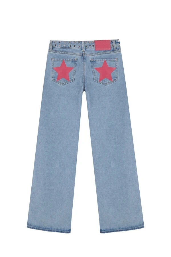 Vintage Five-Pointed Star Print High Waited Jeans - Grace Beauty H&C 
