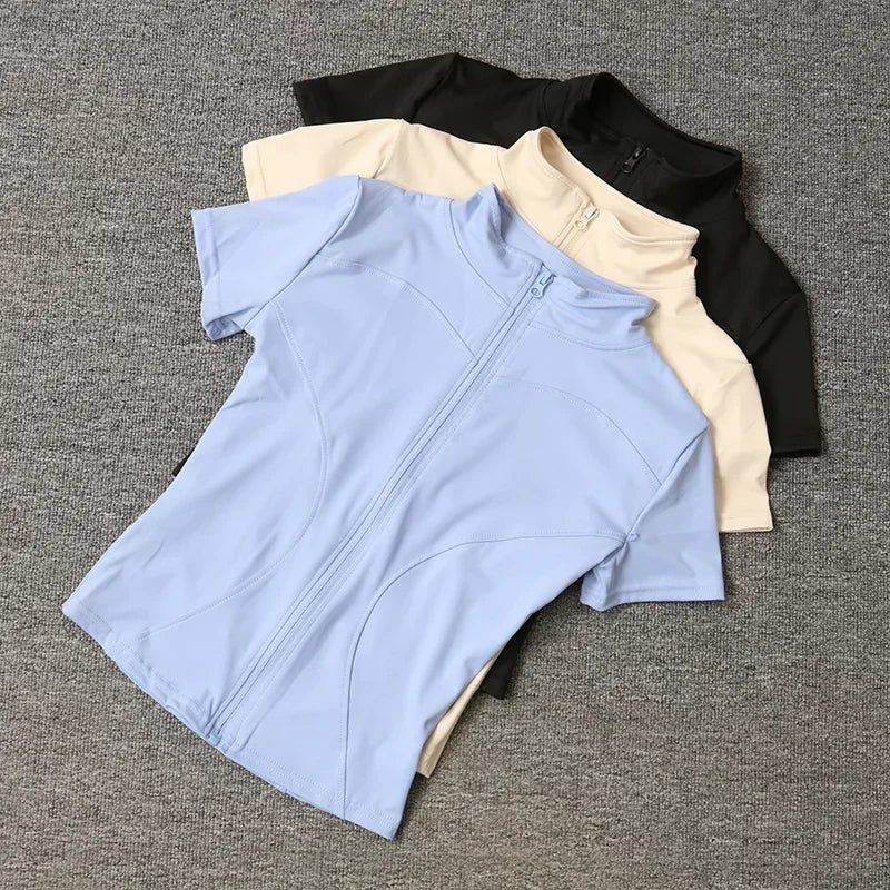 Summer High Quality Waist Slimming Training Tops Women's Quick-drying Tight Stand Collar Full Zipper Short Sleeves Yoga shirts - Grace Beauty H&C 