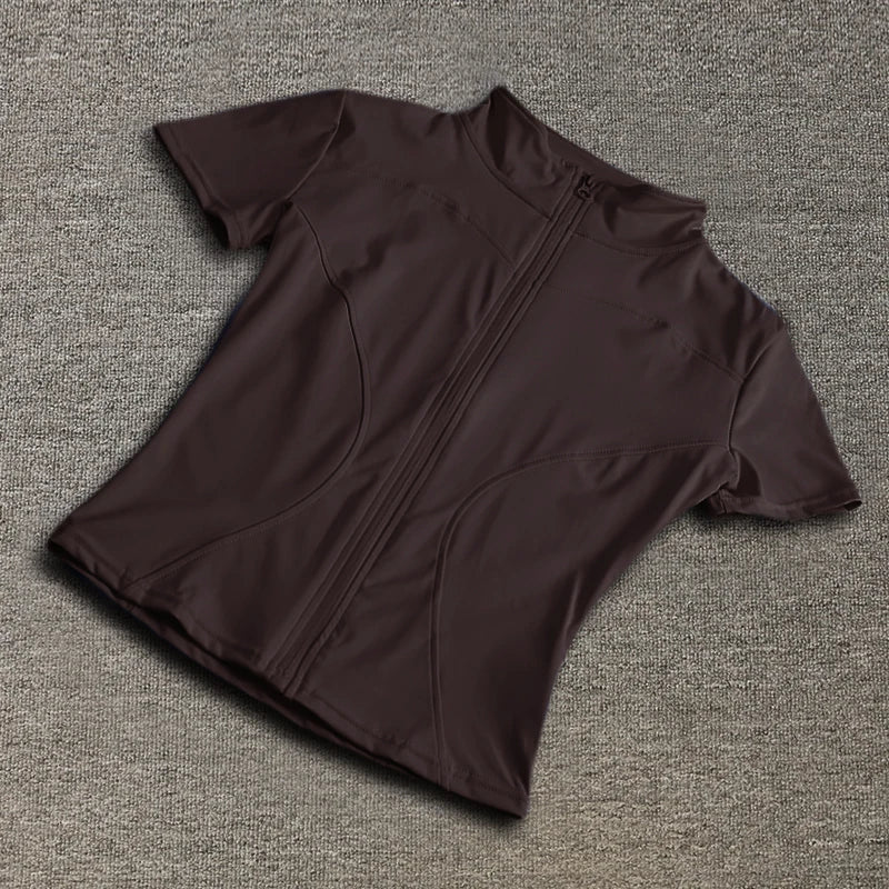 Summer High Quality Waist Slimming Training Tops Women's Quick-drying Tight Stand Collar Full Zipper Short Sleeves Yoga shirts - Grace Beauty H&C 