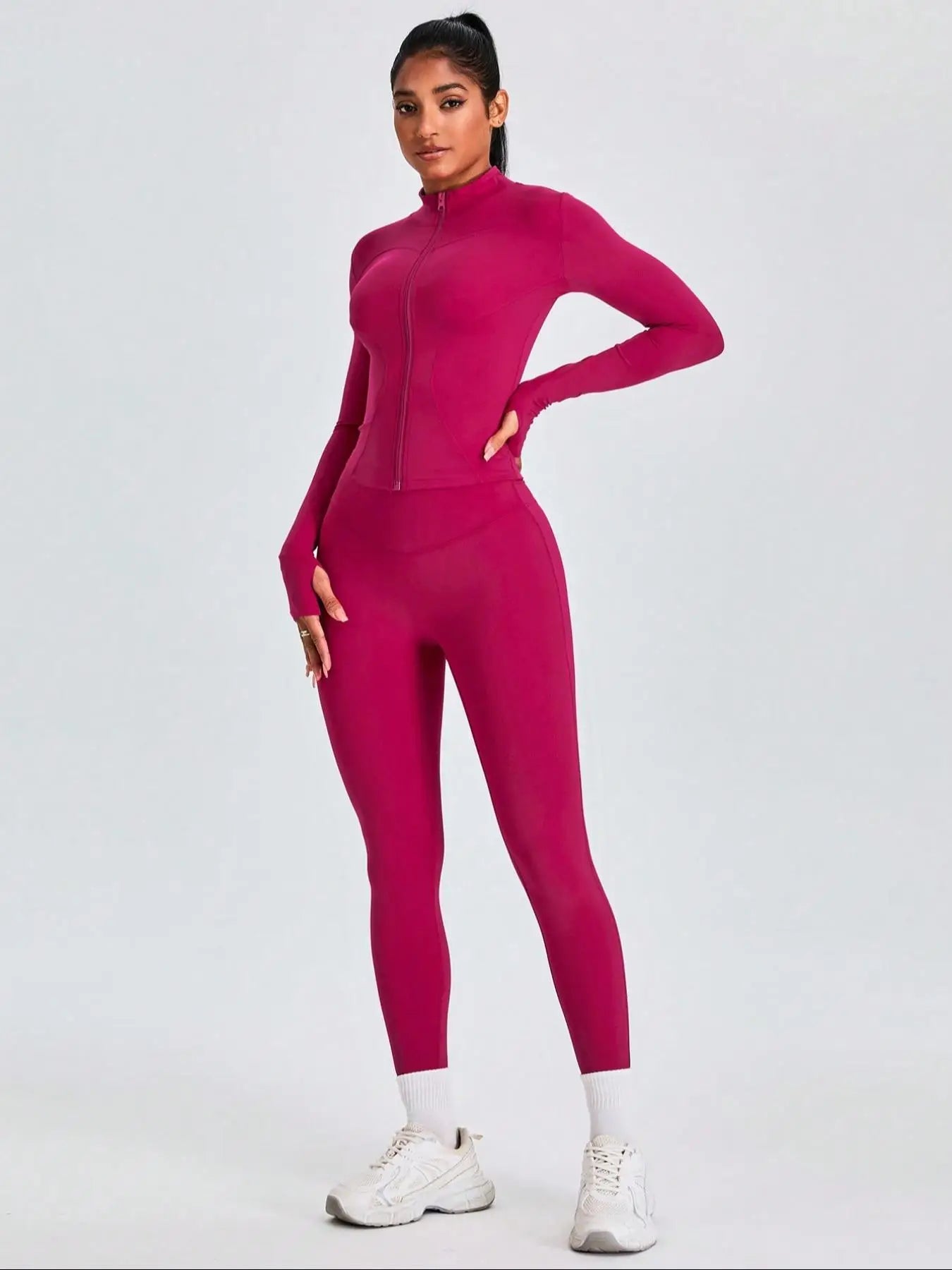 Two-piece Set Women's Solid Zip UpMock Neck Sports - Grace Beauty H&C 