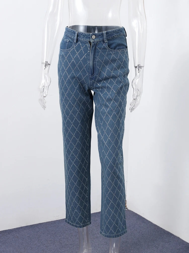 Women Diamond-Patterned High Waist Straight Pants - Grace Beauty H&C 