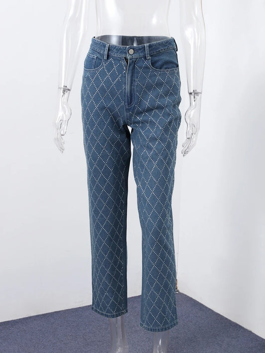 Women Diamond-Patterned High Waist Straight Pants - Grace Beauty H&C 