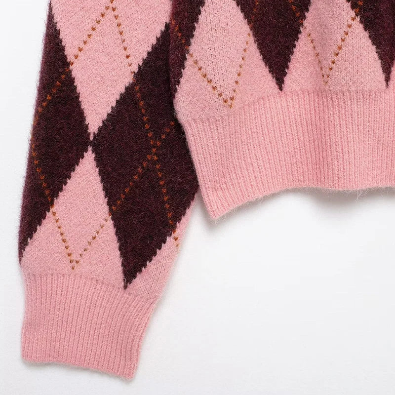 Women Fashion Plaid Single Breasted Knitted Sweater - Grace Beauty H&C 