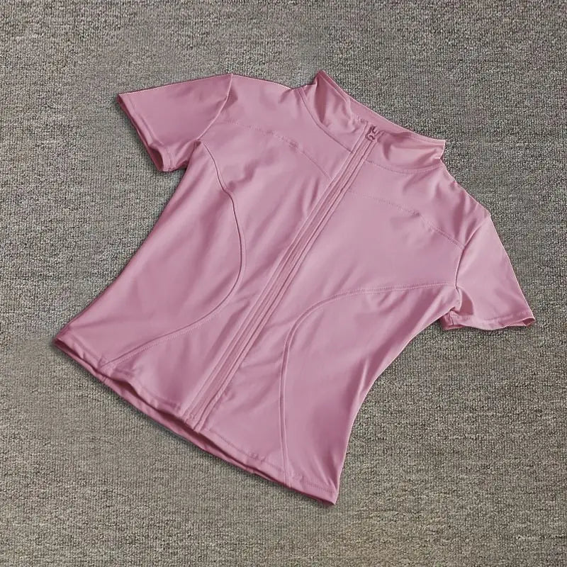 Summer High Quality Waist Slimming Training Tops Women's Quick-drying Tight Stand Collar Full Zipper Short Sleeves Yoga shirts - Grace Beauty H&C 
