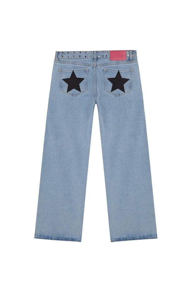 Vintage Five-Pointed Star Print High Waited Jeans - Grace Beauty H&C 