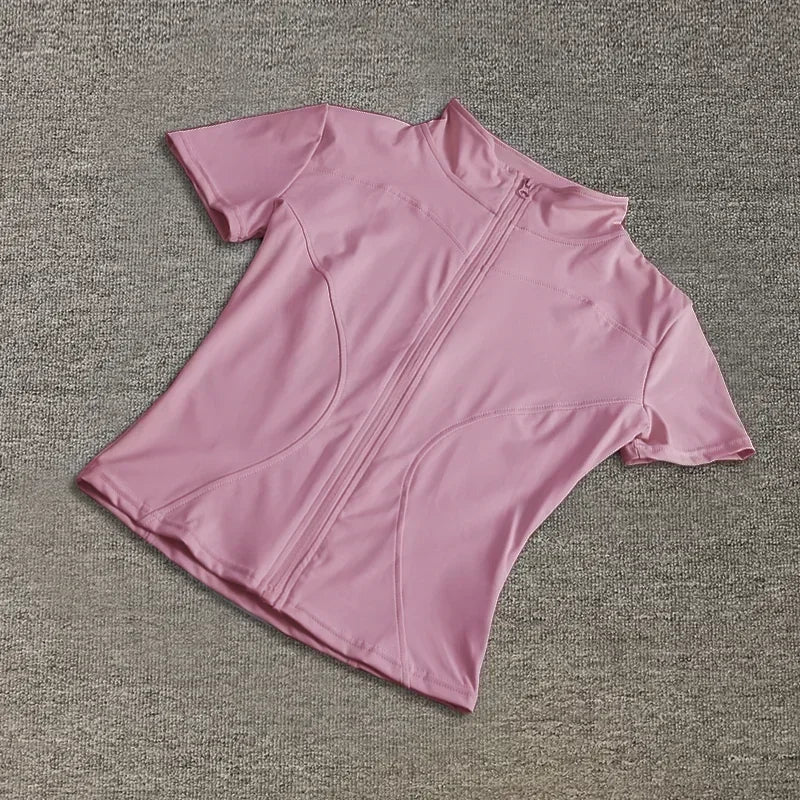 Summer High Quality Waist Slimming Training Tops Women's Quick-drying Tight Stand Collar Full Zipper Short Sleeves Yoga shirts - Grace Beauty H&C 