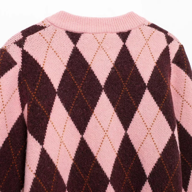 Women Fashion Plaid Single Breasted Knitted Sweater - Grace Beauty H&C 