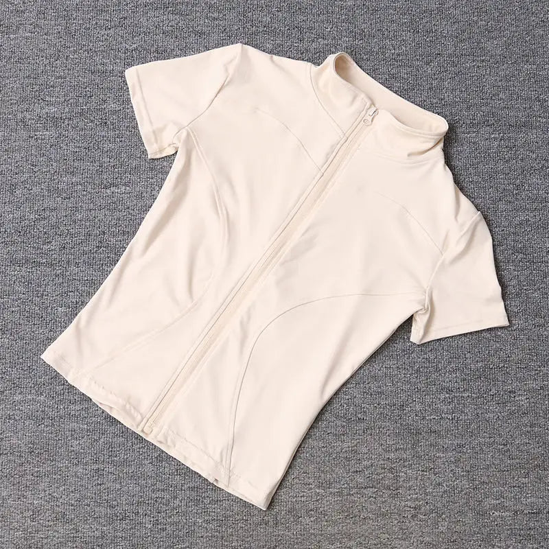 Summer High Quality Waist Slimming Training Tops Women's Quick-drying Tight Stand Collar Full Zipper Short Sleeves Yoga shirts - Grace Beauty H&C 