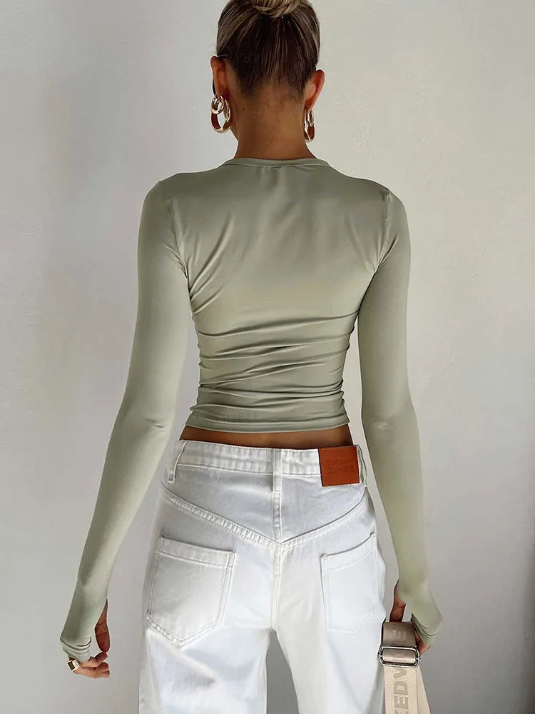 Fashion Women T-shirt Long Sleeve Crew Neck Solid Slim Fit Ladies Crop Top with Thumb Holes for Daily Streetwear Summer Camis - Grace Beauty H&C 