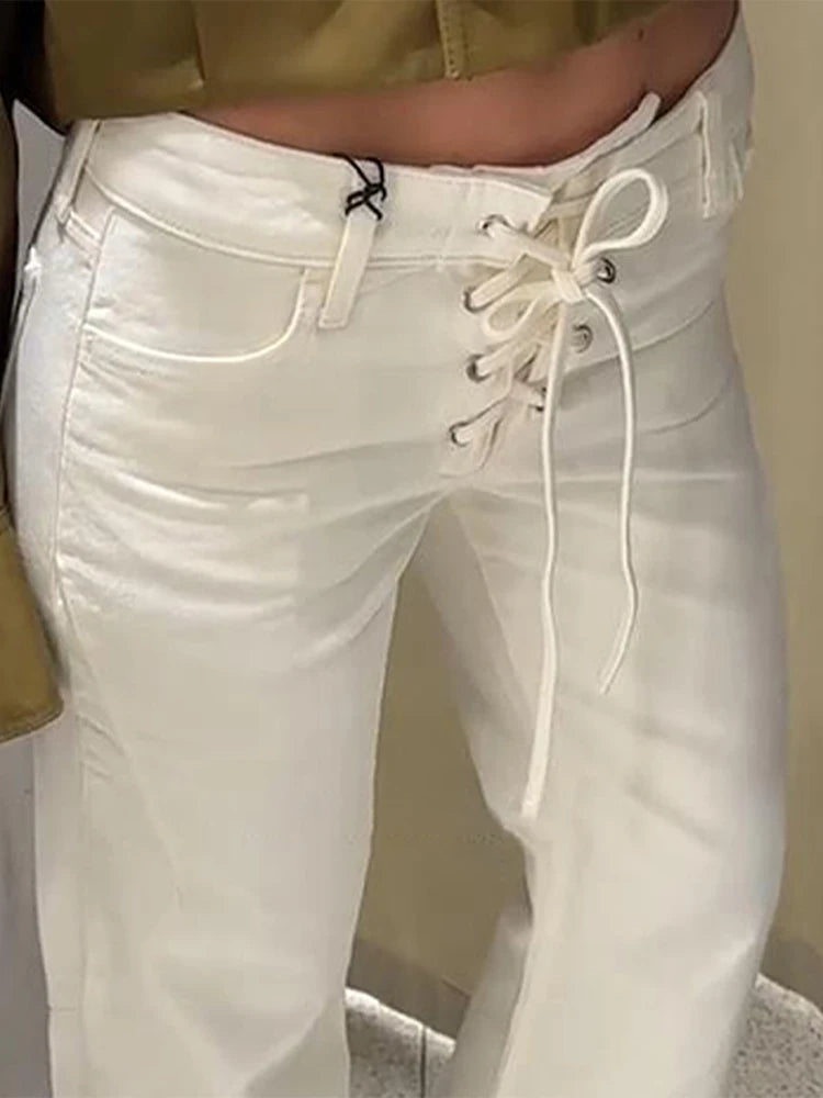 Elegant Women's Low Rise White Denim Jeans - Grace Beauty H&C 