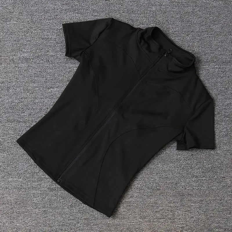 Summer High Quality Waist Slimming Training Tops Women's Quick-drying Tight Stand Collar Full Zipper Short Sleeves Yoga shirts - Grace Beauty H&C 