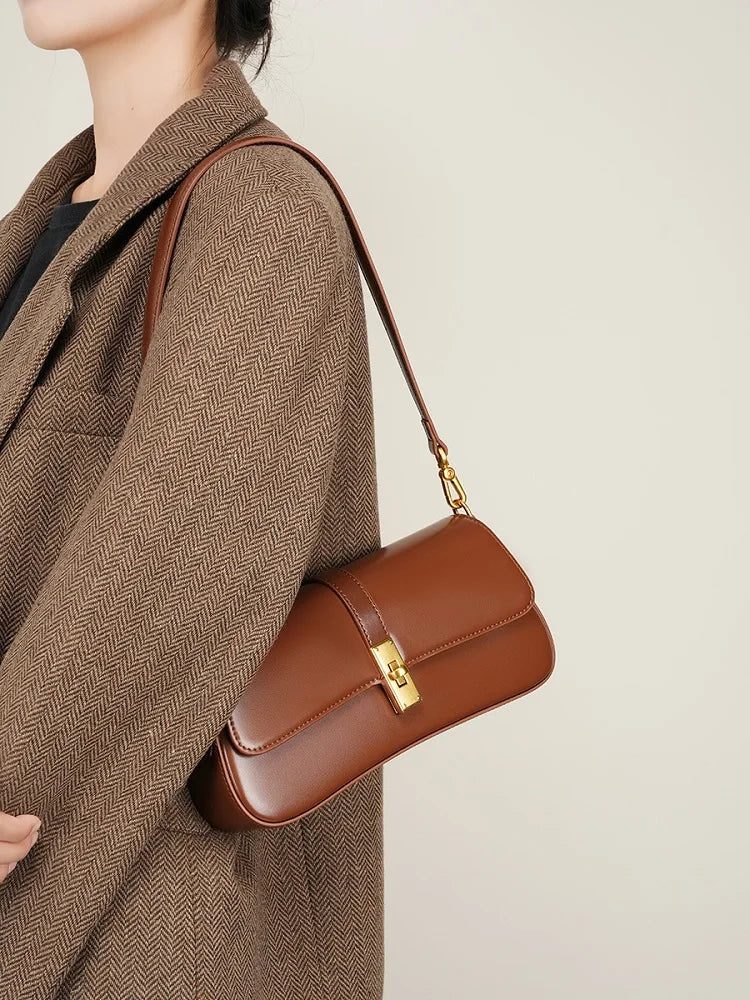 Genuine Leather Women Baguette Shoulder Bag Luxury Cowhide Solid Color Handbag Underarm Bag Fashion Ladies Shopping Bag Gift - Grace Beauty H&C 