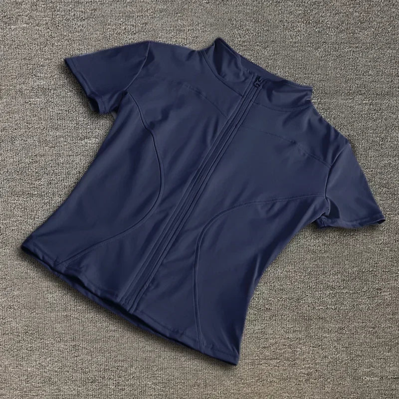 Summer High Quality Waist Slimming Training Tops Women's Quick-drying Tight Stand Collar Full Zipper Short Sleeves Yoga shirts - Grace Beauty H&C 