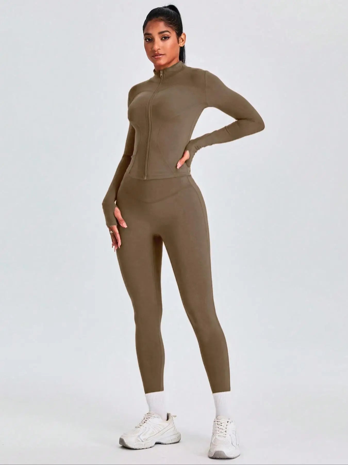 Two-piece Set Women's Solid Zip UpMock Neck Sports - Grace Beauty H&C 