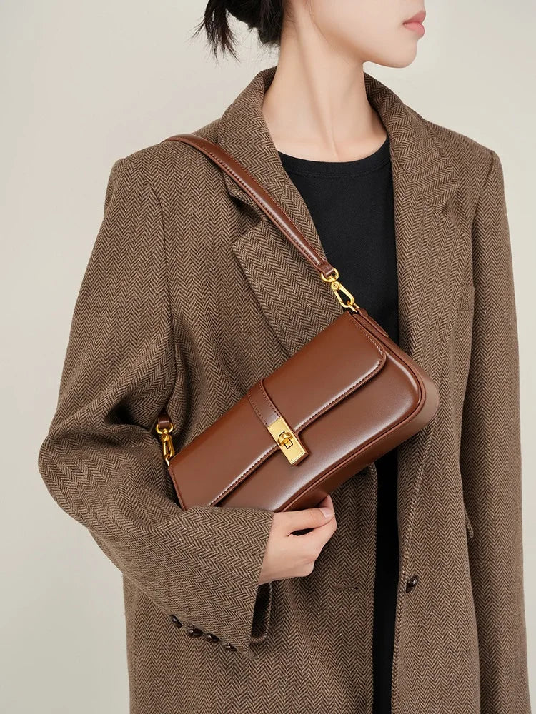 Genuine Leather Women Baguette Shoulder Bag Luxury Cowhide Solid Color Handbag Underarm Bag Fashion Ladies Shopping Bag Gift - Grace Beauty H&C 