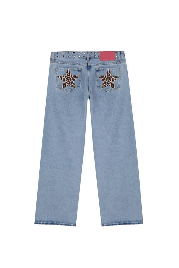Vintage Five-Pointed Star Print High Waited Jeans - Grace Beauty H&C 