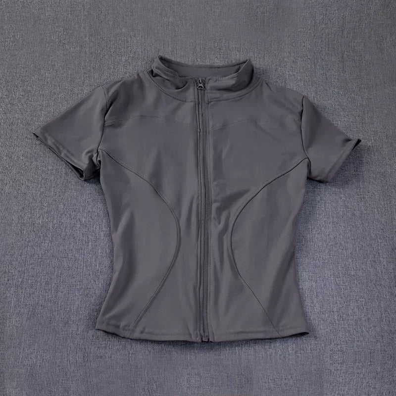Summer High Quality Waist Slimming Training Tops Women's Quick-drying Tight Stand Collar Full Zipper Short Sleeves Yoga shirts - Grace Beauty H&C 