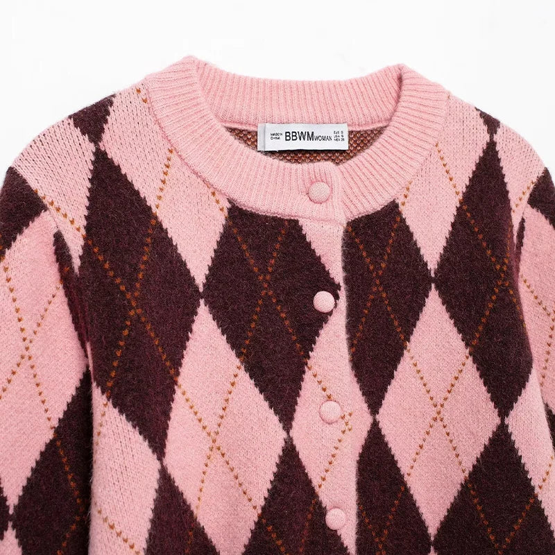 Women Fashion Plaid Single Breasted Knitted Sweater - Grace Beauty H&C 