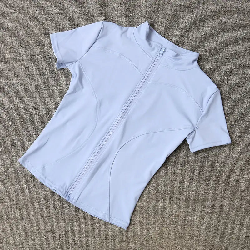 Summer High Quality Waist Slimming Training Tops Women's Quick-drying Tight Stand Collar Full Zipper Short Sleeves Yoga shirts - Grace Beauty H&C 