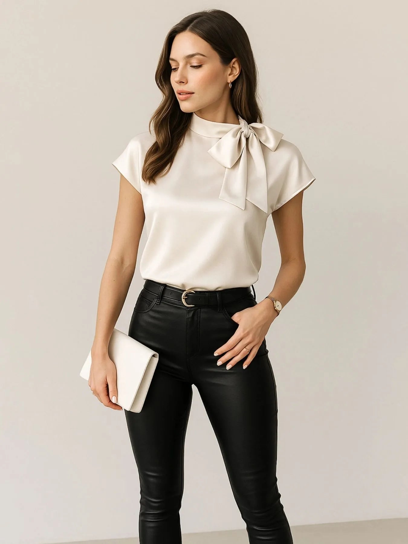 Satin Bow Tie Neck Blouse - Grace Beauty H&C 
