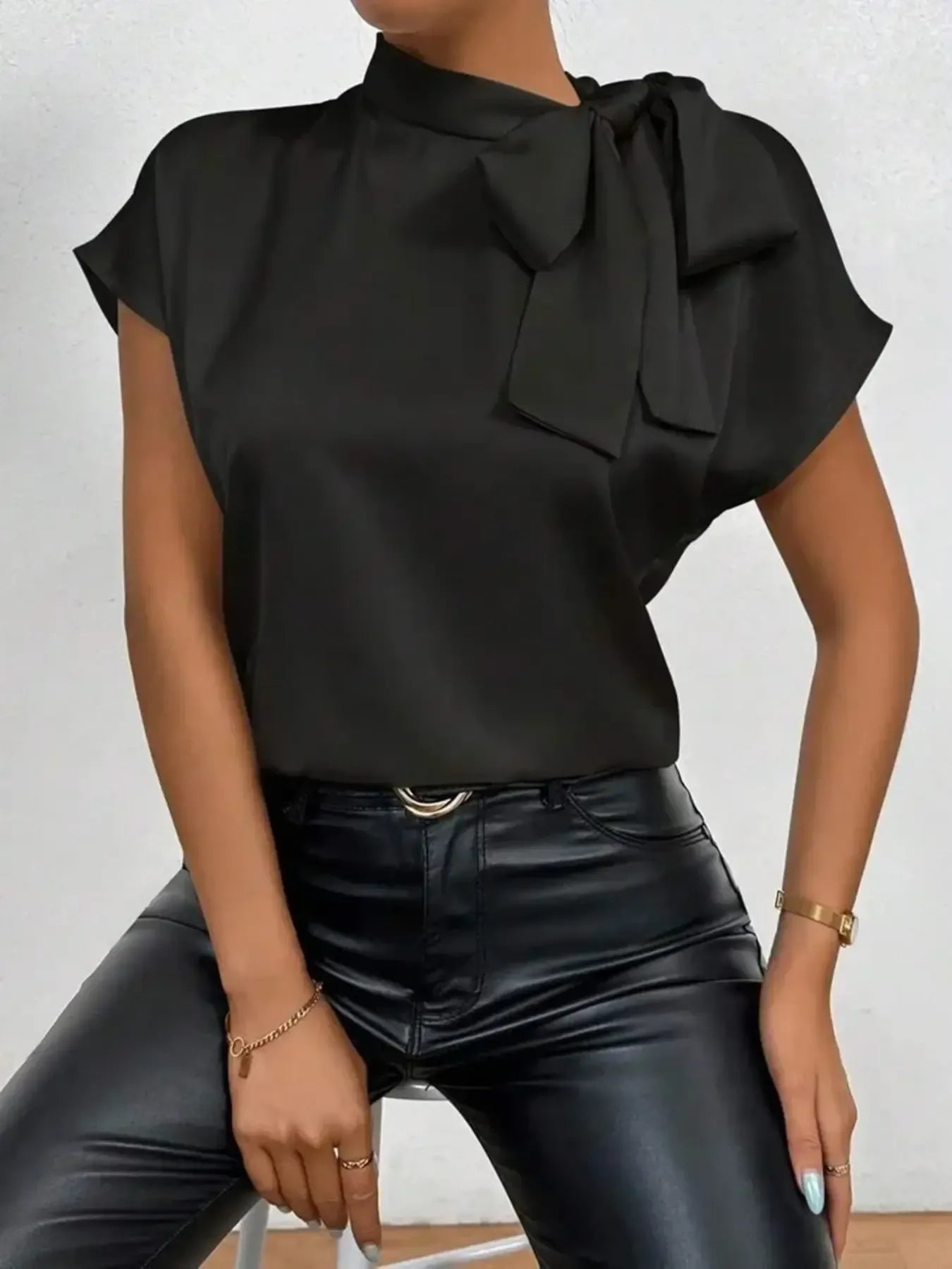 Satin Bow Tie Neck Blouse - Grace Beauty H&C 
