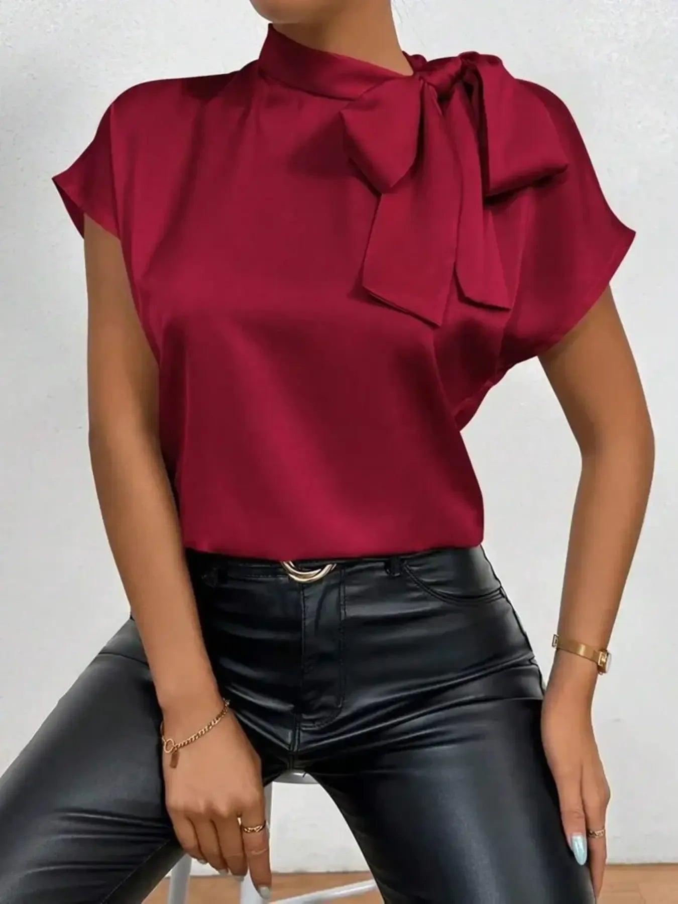 Satin Bow Tie Neck Blouse - Grace Beauty H&C 
