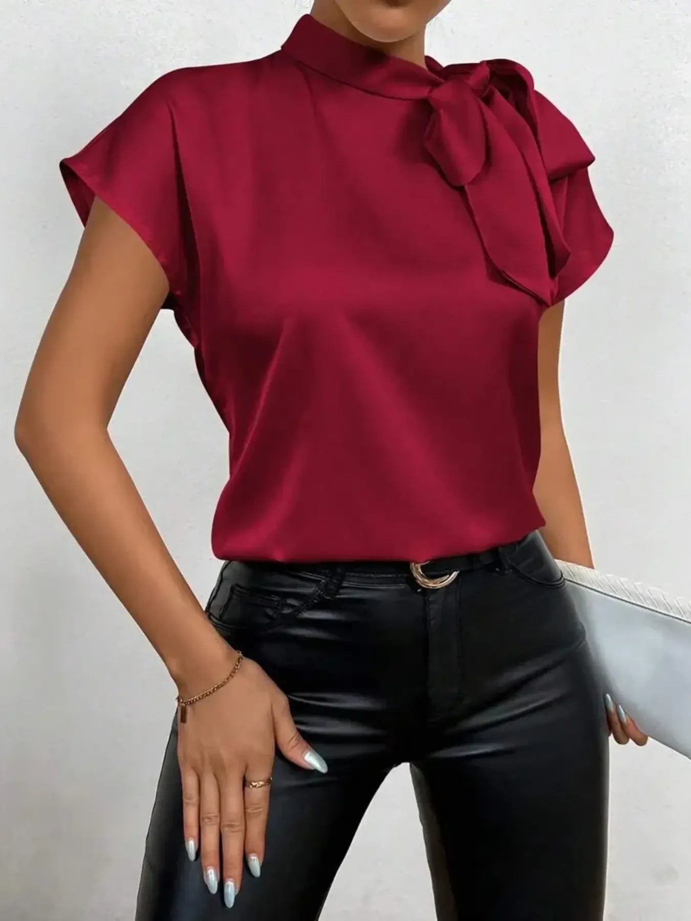 Satin Bow Tie Neck Blouse - Grace Beauty H&C 