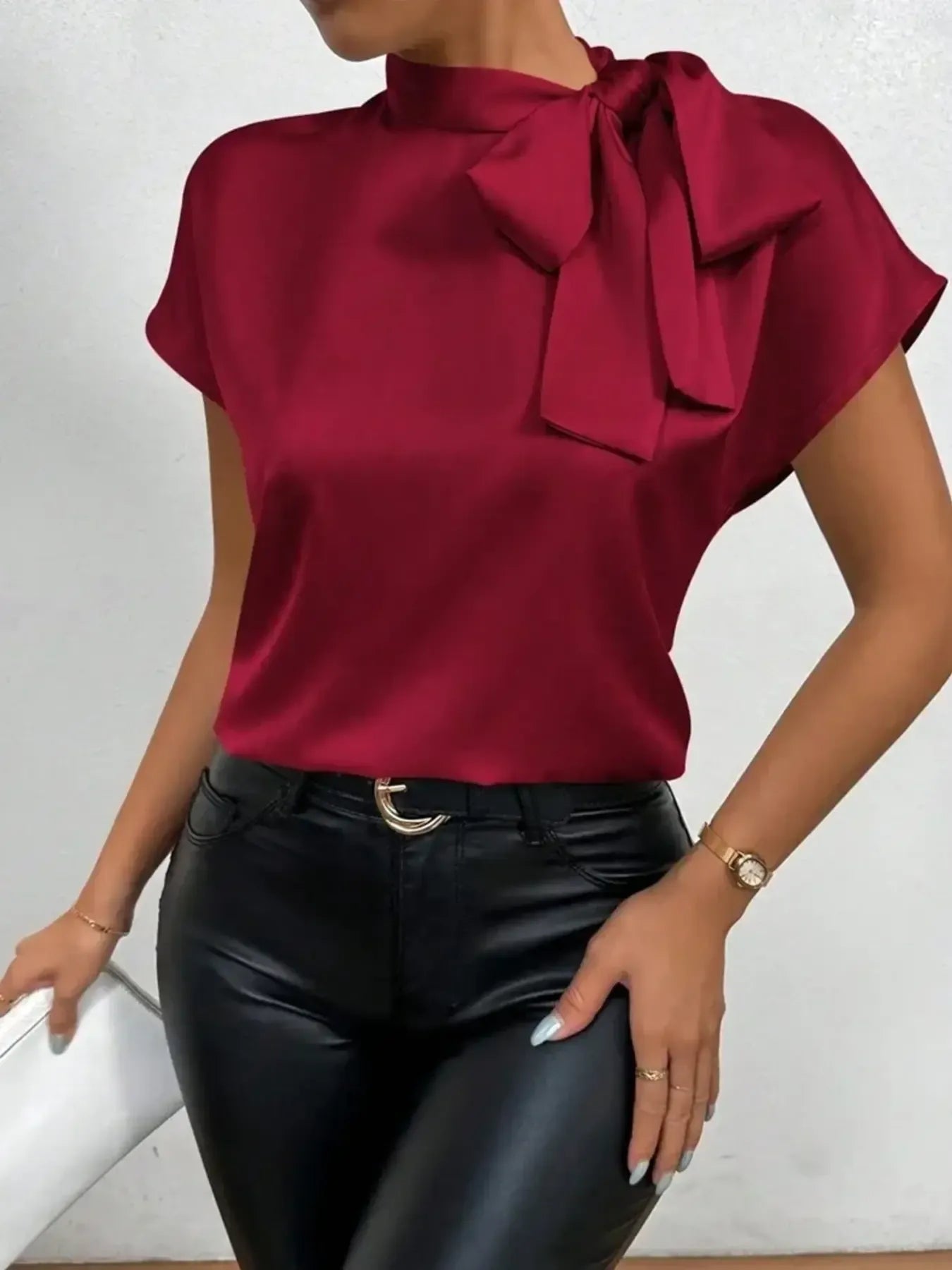 Satin Bow Tie Neck Blouse - Grace Beauty H&C 