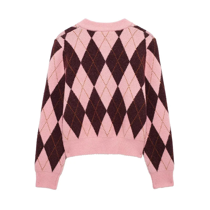 Women Fashion Plaid Single Breasted Knitted Sweater - Grace Beauty H&C 