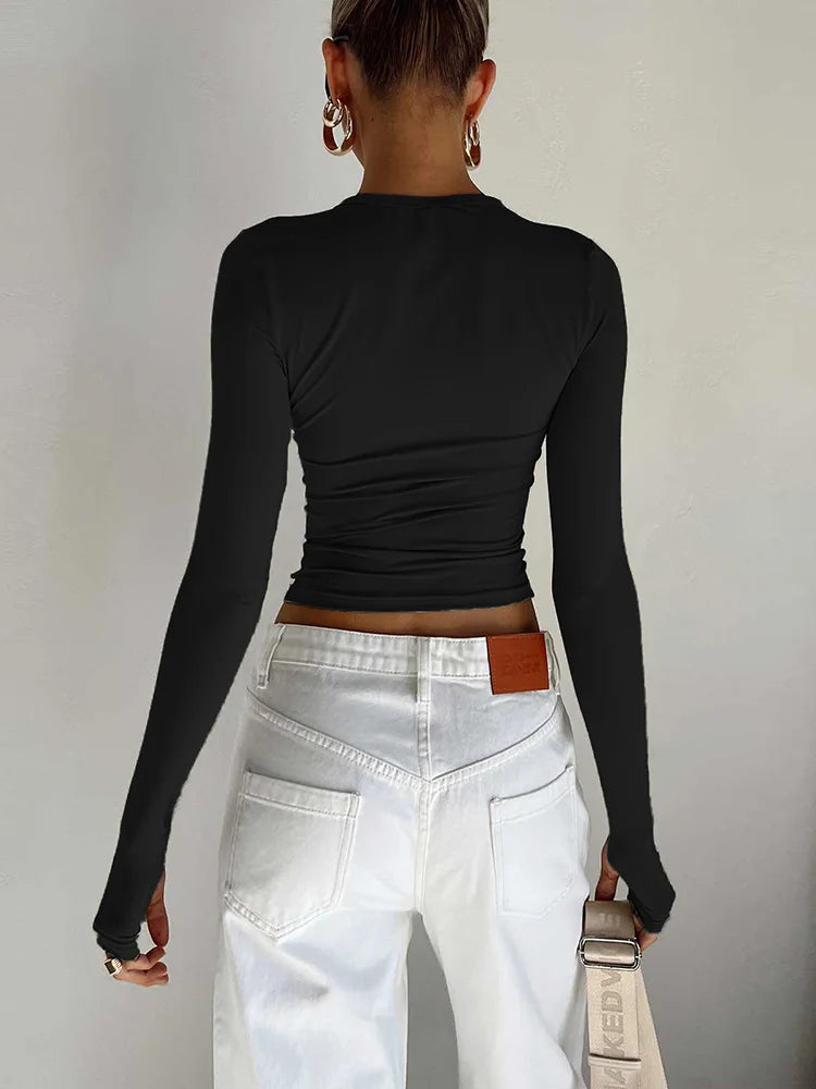 Fashion Women T-shirt Long Sleeve Crew Neck Solid Slim Fit Ladies Crop Top with Thumb Holes for Daily Streetwear Summer Camis - Grace Beauty H&C 