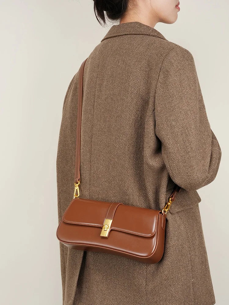 Genuine Leather Women Baguette Shoulder Bag Luxury Cowhide Solid Color Handbag Underarm Bag Fashion Ladies Shopping Bag Gift - Grace Beauty H&C 