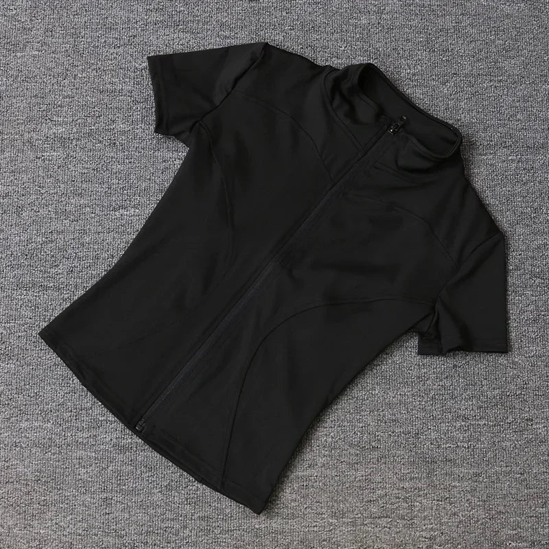 Summer High Quality Waist Slimming Training Tops Women's Quick-drying Tight Stand Collar Full Zipper Short Sleeves Yoga shirts - Grace Beauty H&C 