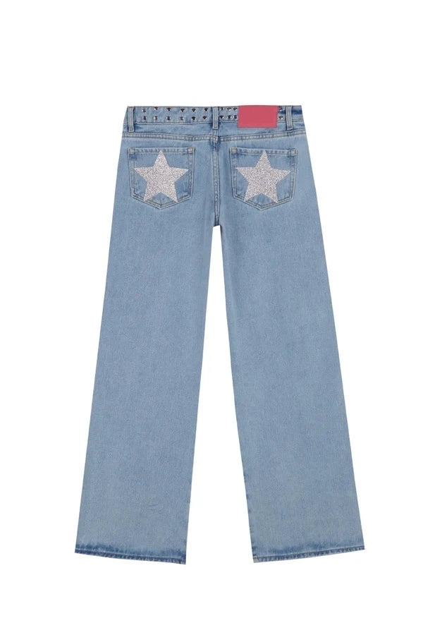Vintage Five-Pointed Star Print High Waited Jeans - Grace Beauty H&C 