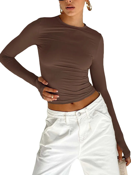 Fashion Women T-shirt Long Sleeve Crew Neck Solid Slim Fit Ladies Crop Top with Thumb Holes for Daily Streetwear Summer Camis - Grace Beauty H&C 