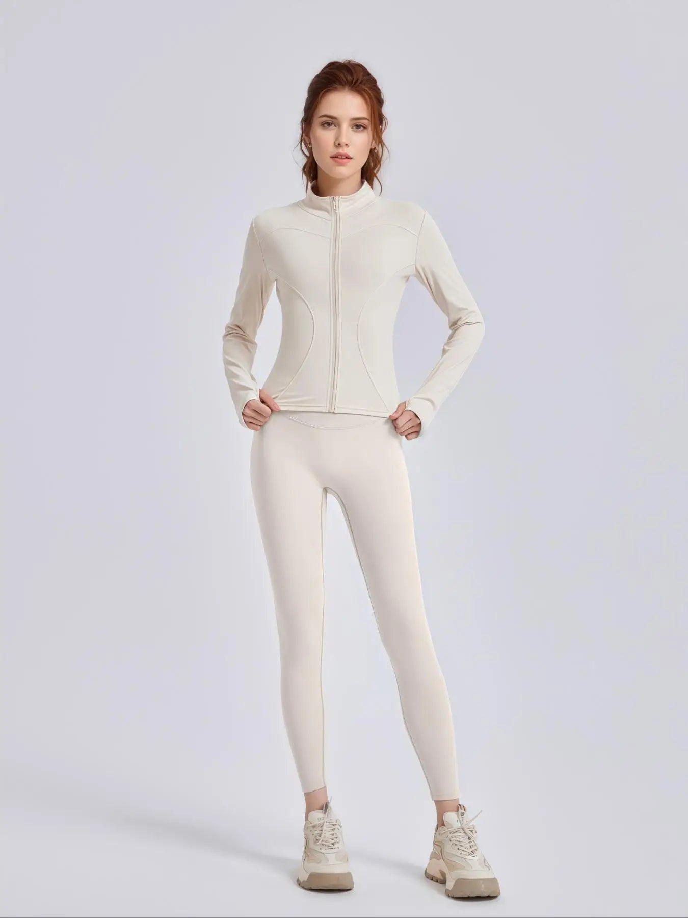 Two-piece Set Women's Solid Zip UpMock Neck Sports - Grace Beauty H&C 