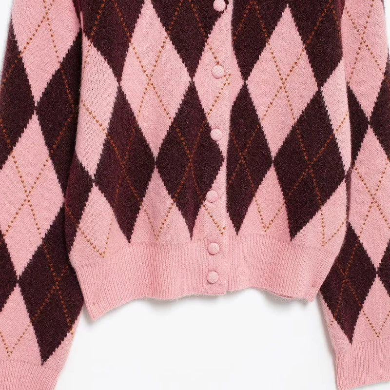 Women Fashion Plaid Single Breasted Knitted Sweater - Grace Beauty H&C 